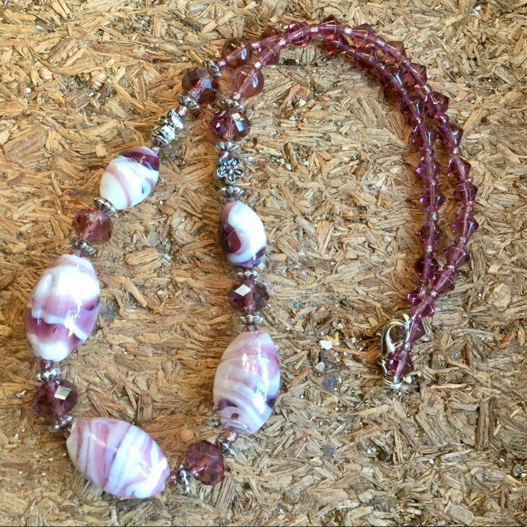 Vintage Purple Swirl Art Glass Necklace - Purple & Crystal Beads